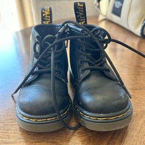 Dr. Martens Kids Black Leather Lace-Up Boots with Yellow Stitching and Pull Tabs